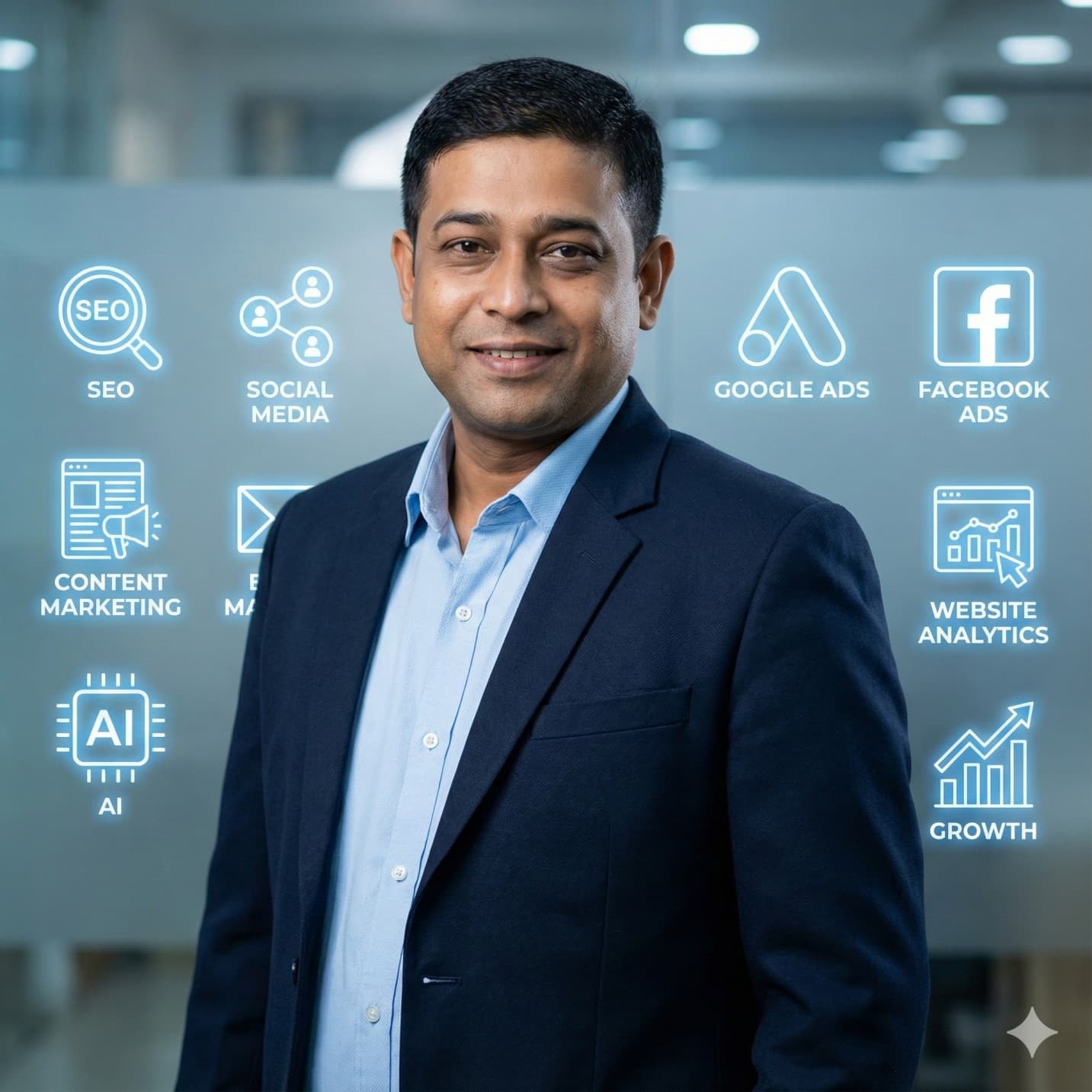 Futuristic AI marketing consultant hero visual for Digital Bhanu